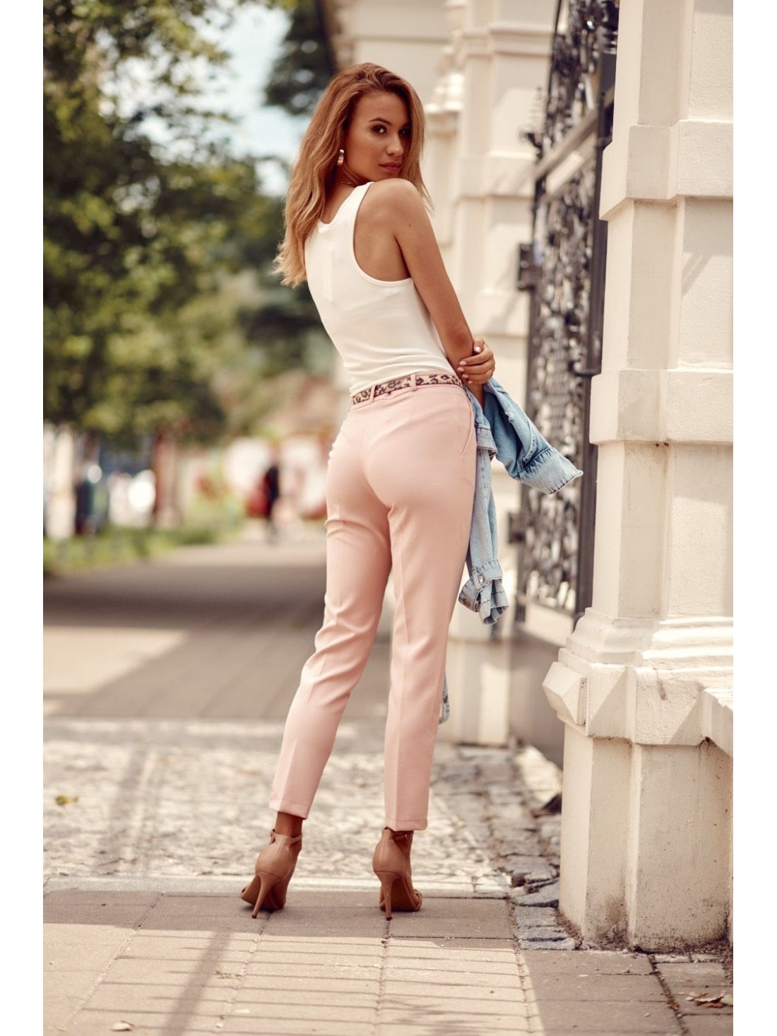 Elegant trousers with a crease and a belt, powder blue 5016 - Online store - Boutique